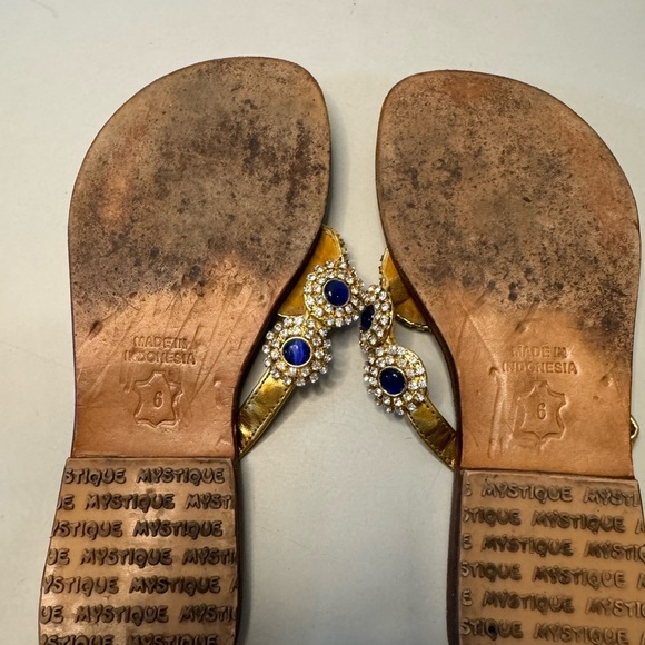 Tan Leather Sandals w/ Royal Blue and Silver Crystals - Size 6 | Chic & Elegant - Picture 5 of 6